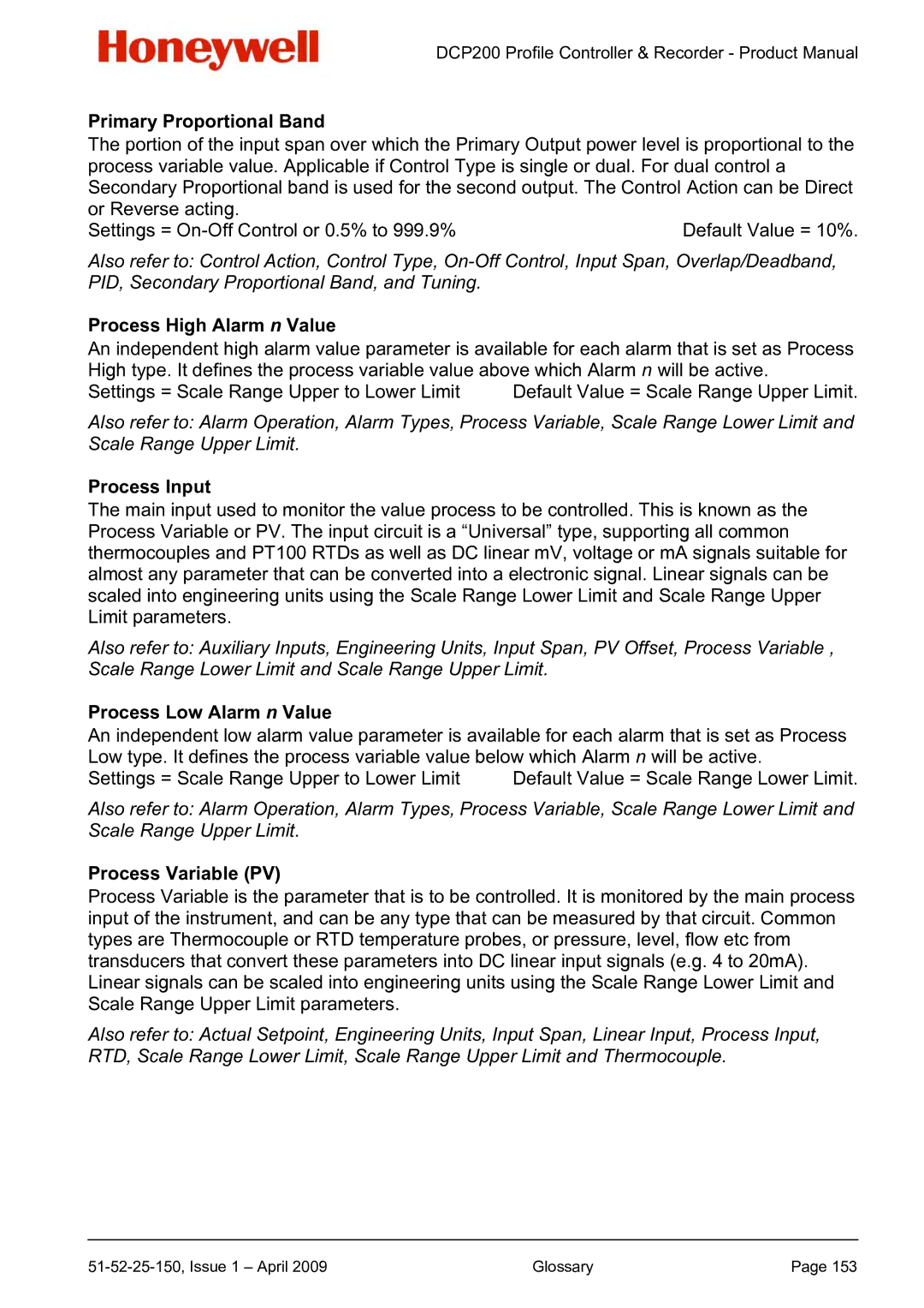 Honeywell DCP200 manual Primary Proportional Band, Process High Alarm n Value, Process Input, Process Low Alarm n Value 