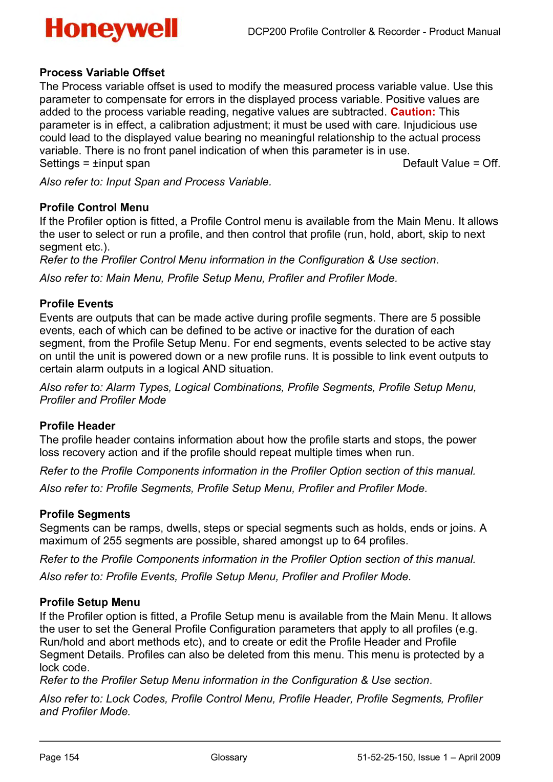 Honeywell DCP200 manual Process Variable Offset, Profile Control Menu, Profile Events, Profile Header, Profile Segments 
