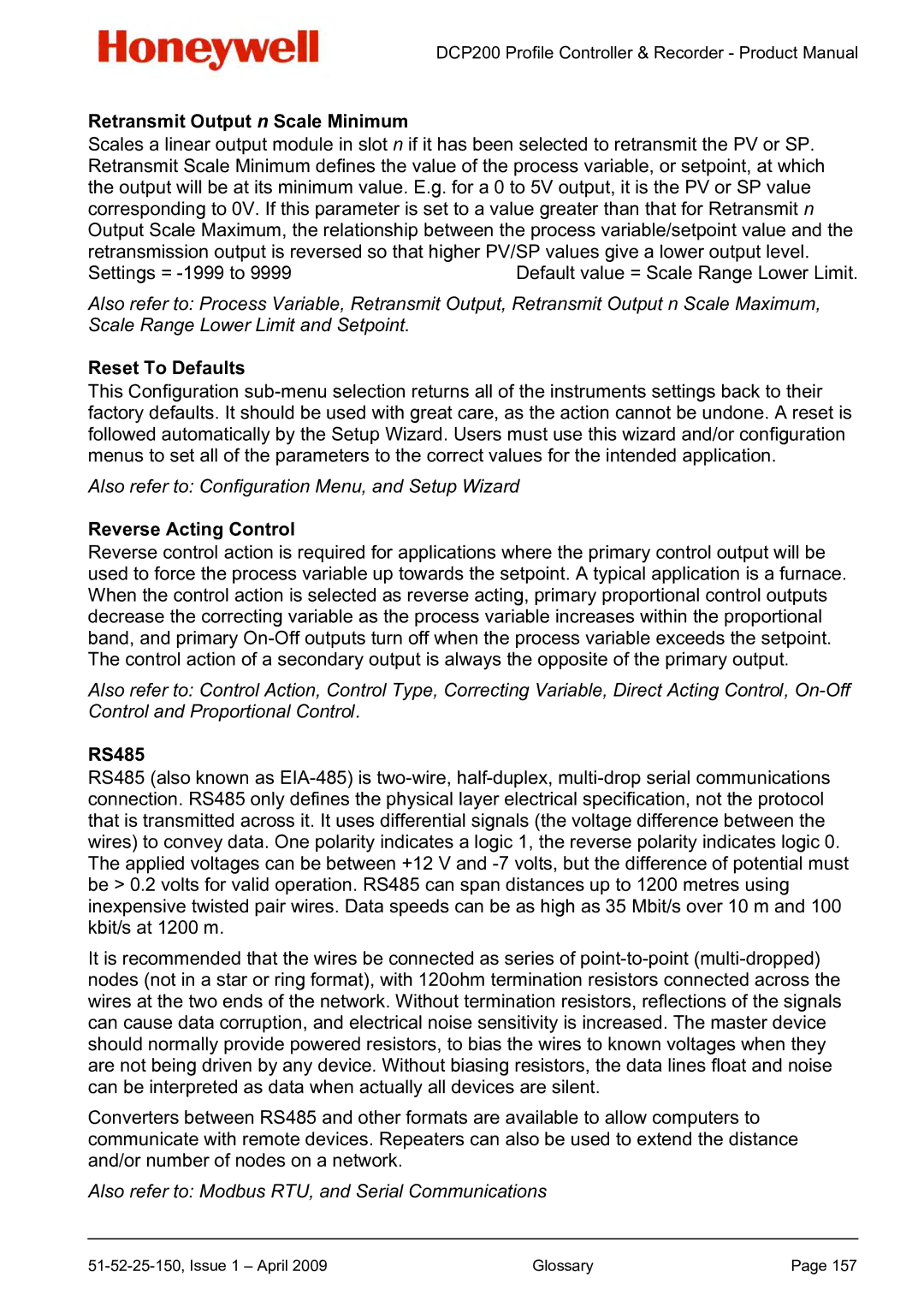 Honeywell DCP200 manual Retransmit Output n Scale Minimum, Reverse Acting Control 