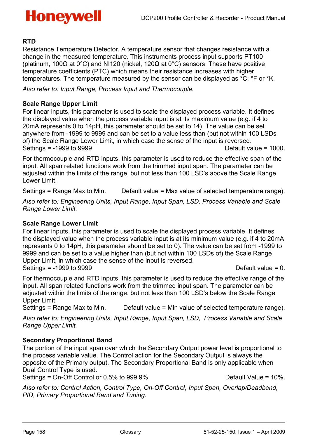Honeywell DCP200 manual Scale Range Upper Limit, Scale Range Lower Limit, Secondary Proportional Band 