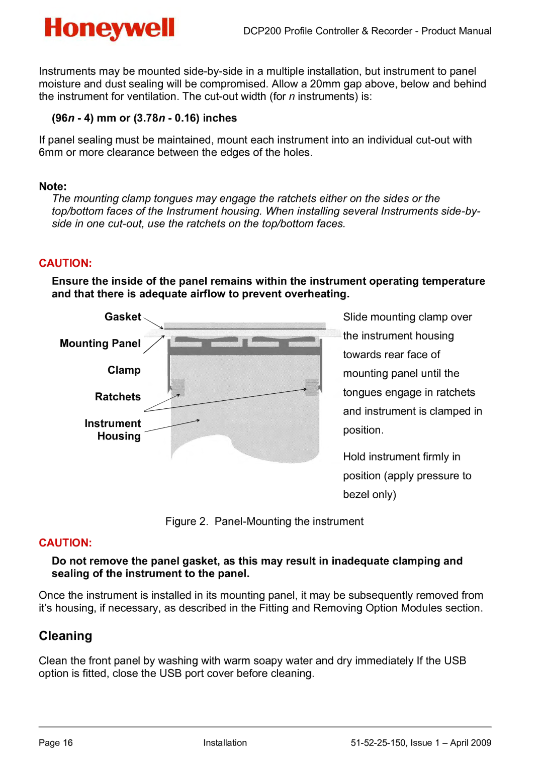 Honeywell DCP200 manual Cleaning, 96n 4 mm or 3.78n 0.16 inches 