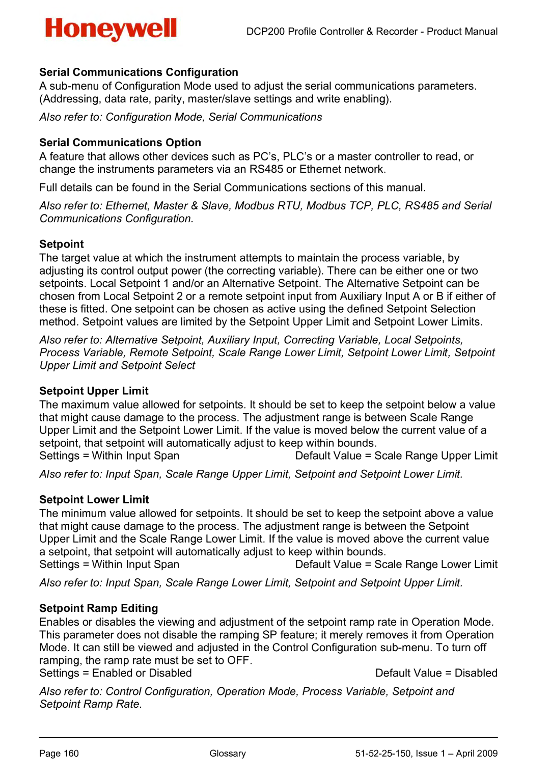 Honeywell DCP200 manual Serial Communications Configuration, Serial Communications Option, Setpoint Upper Limit 