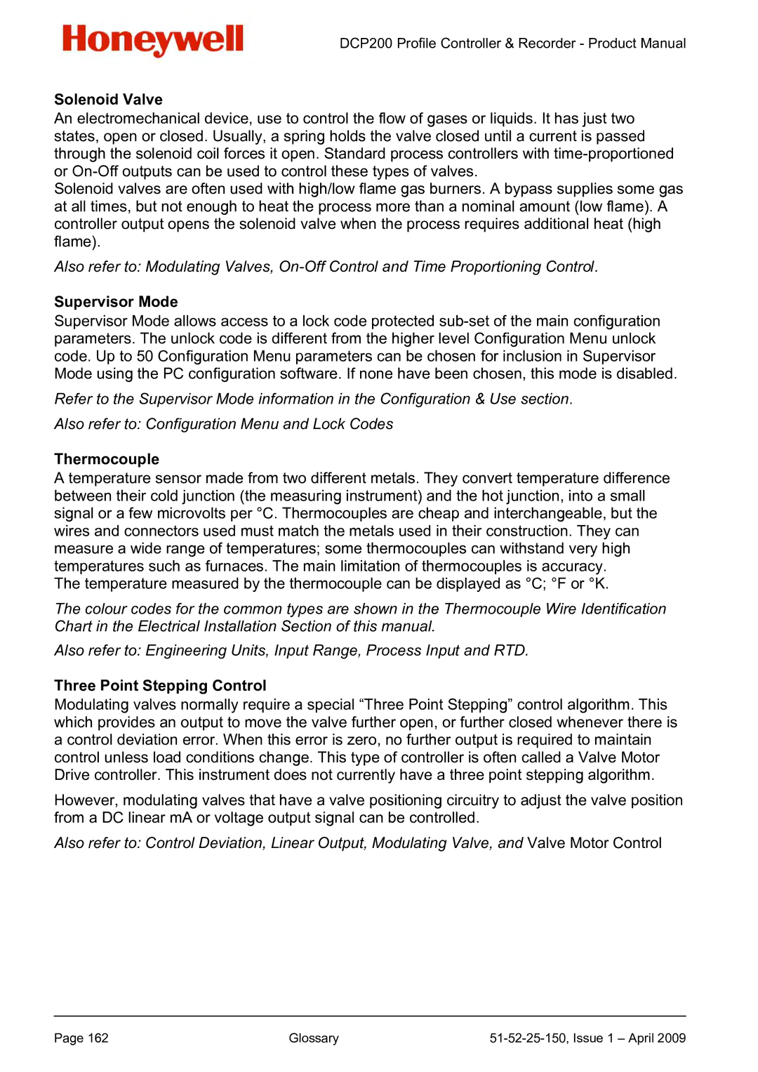 Honeywell DCP200 manual Solenoid Valve, Supervisor Mode, Thermocouple, Three Point Stepping Control 