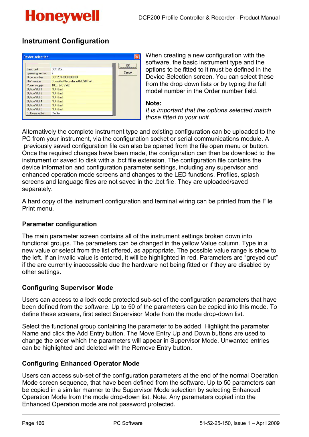 Honeywell DCP200 manual Instrument Configuration, Parameter configuration, Configuring Supervisor Mode 