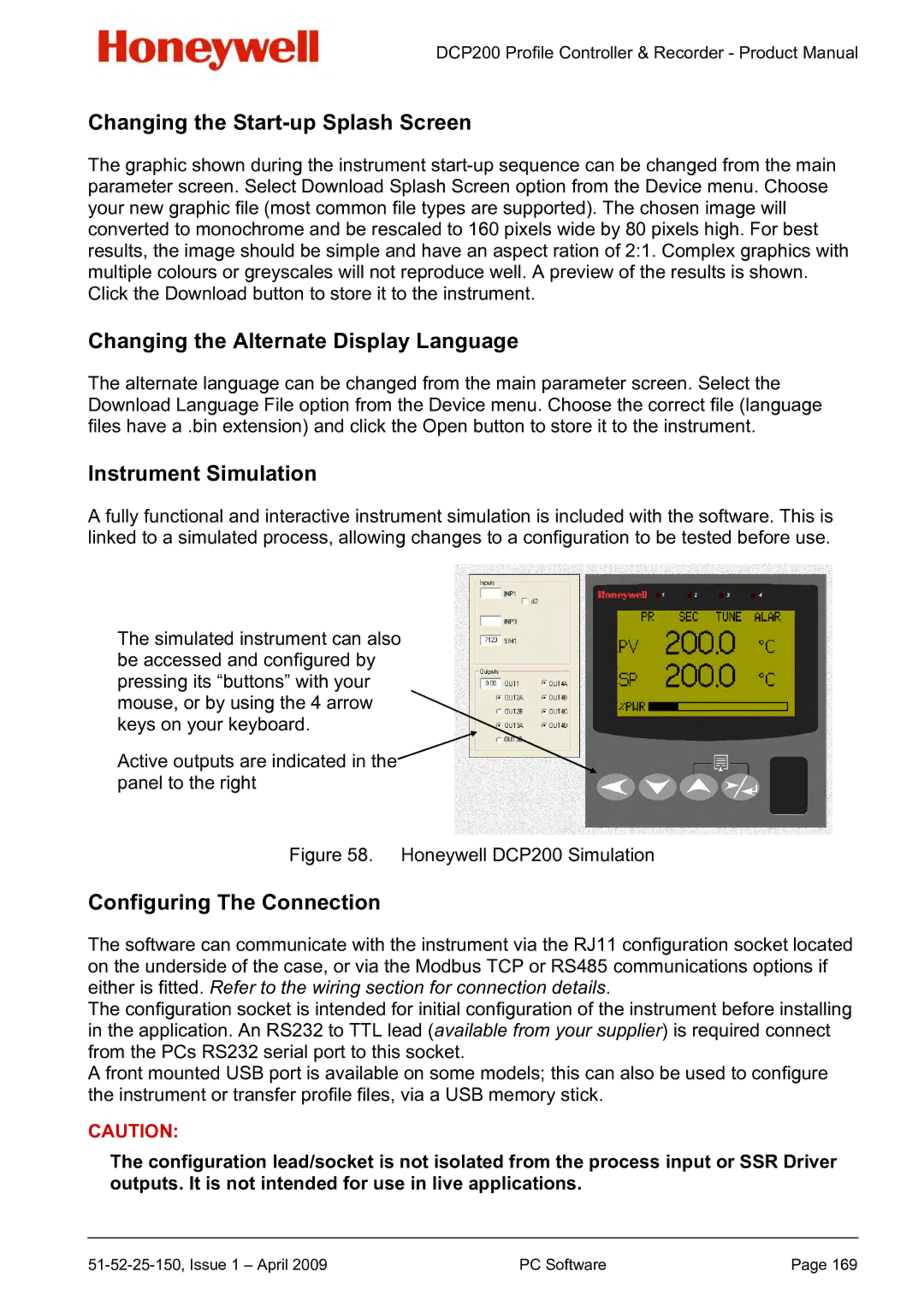 Honeywell DCP200 manual Changing the Start-up Splash Screen, Changing the Alternate Display Language, Instrument Simulation 