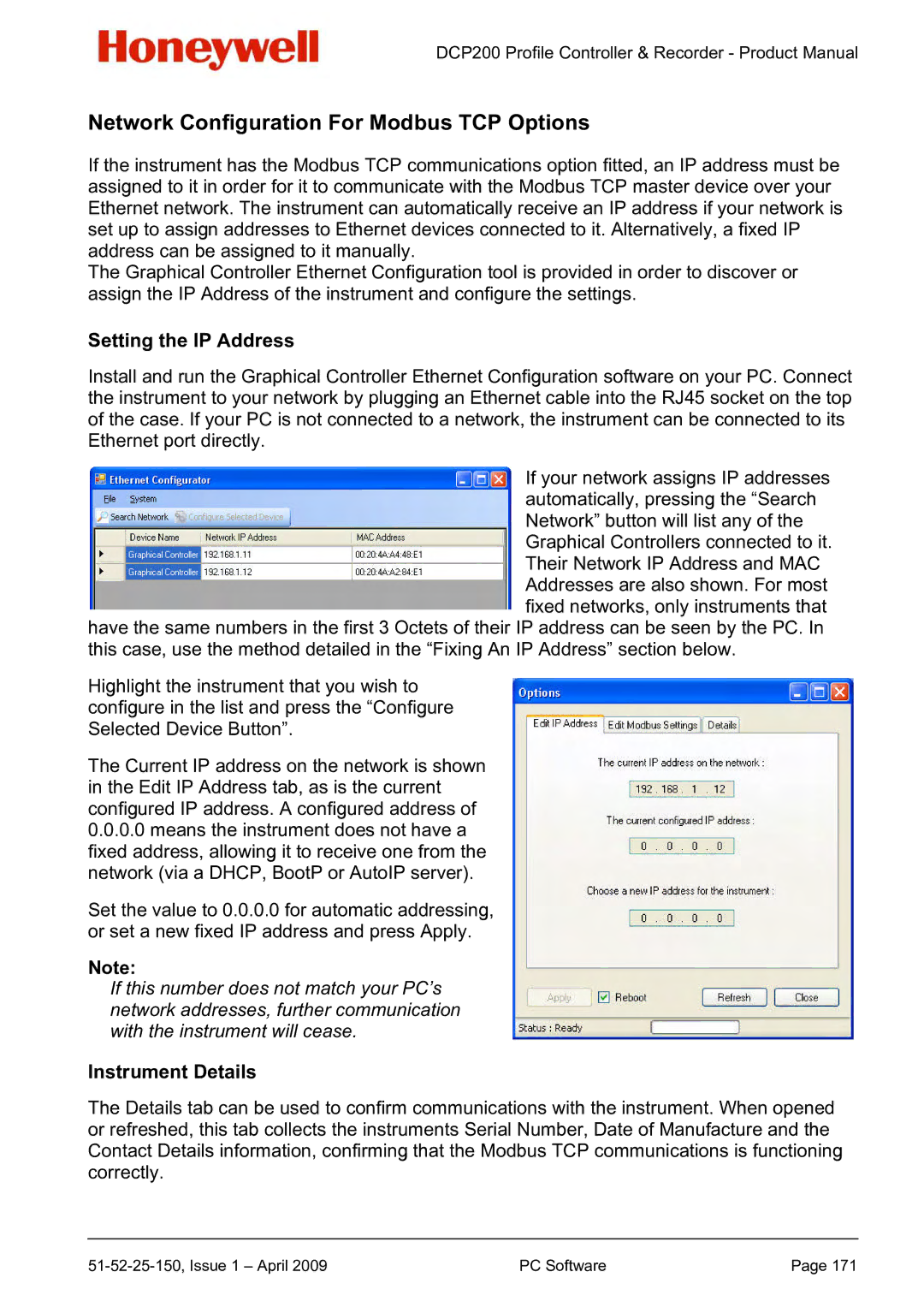 Honeywell DCP200 manual Network Configuration For Modbus TCP Options, Setting the IP Address, Instrument Details 