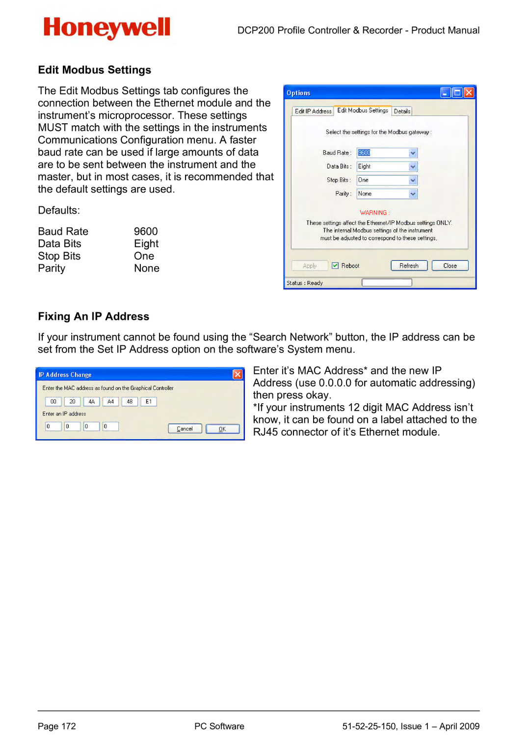 Honeywell DCP200 manual Edit Modbus Settings, Fixing An IP Address 