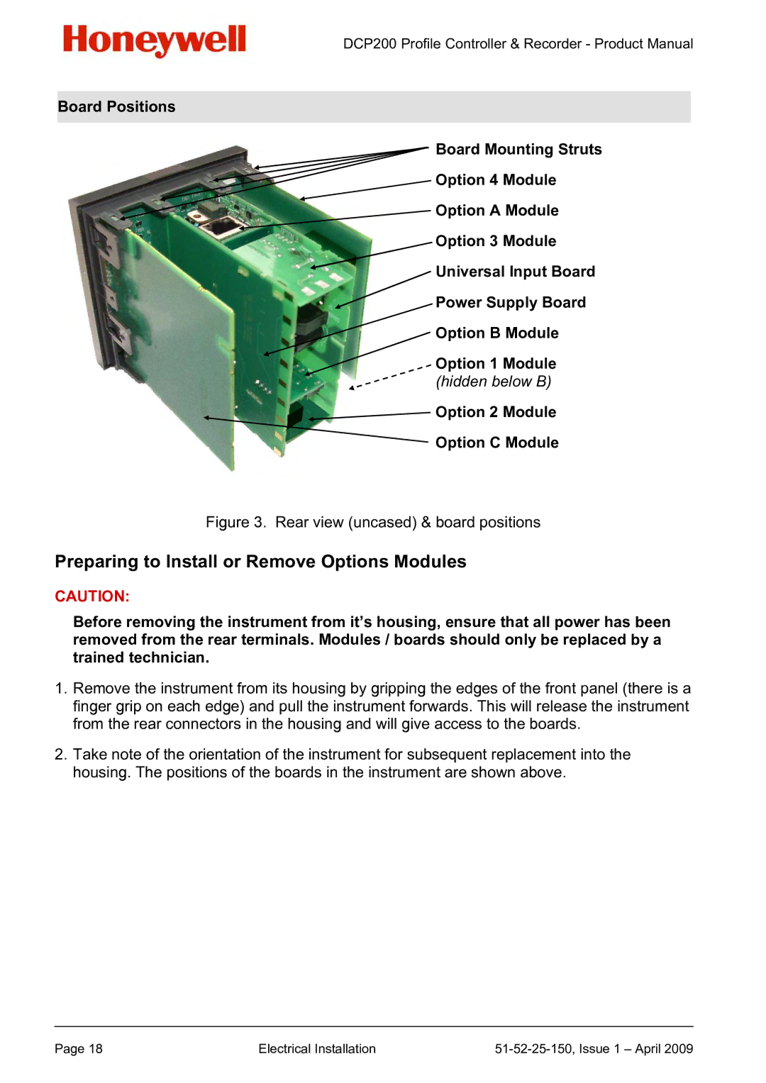 Honeywell DCP200 manual Preparing to Install or Remove Options Modules, Rear view uncased & board positions 