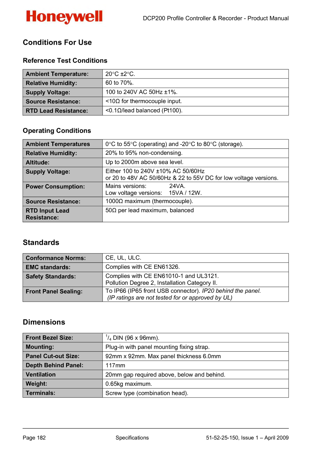 Honeywell DCP200 manual Conditions For Use, Standards, Dimensions, Reference Test Conditions, Operating Conditions 