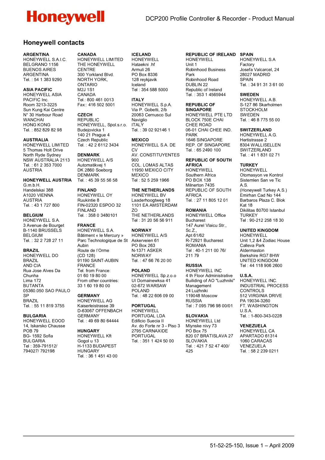 Honeywell DCP200 manual Honeywell contacts, Argentina Canada Iceland Republic of Ireland Spain 