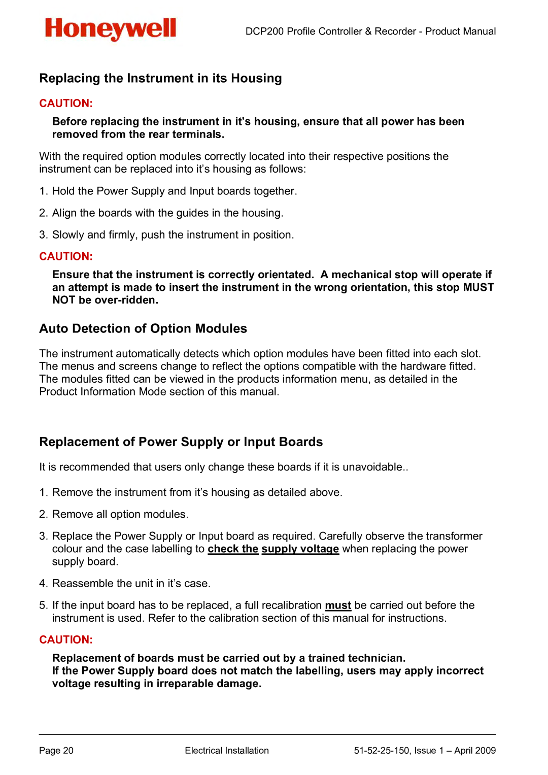 Honeywell DCP200 manual Replacing the Instrument in its Housing, Auto Detection of Option Modules 