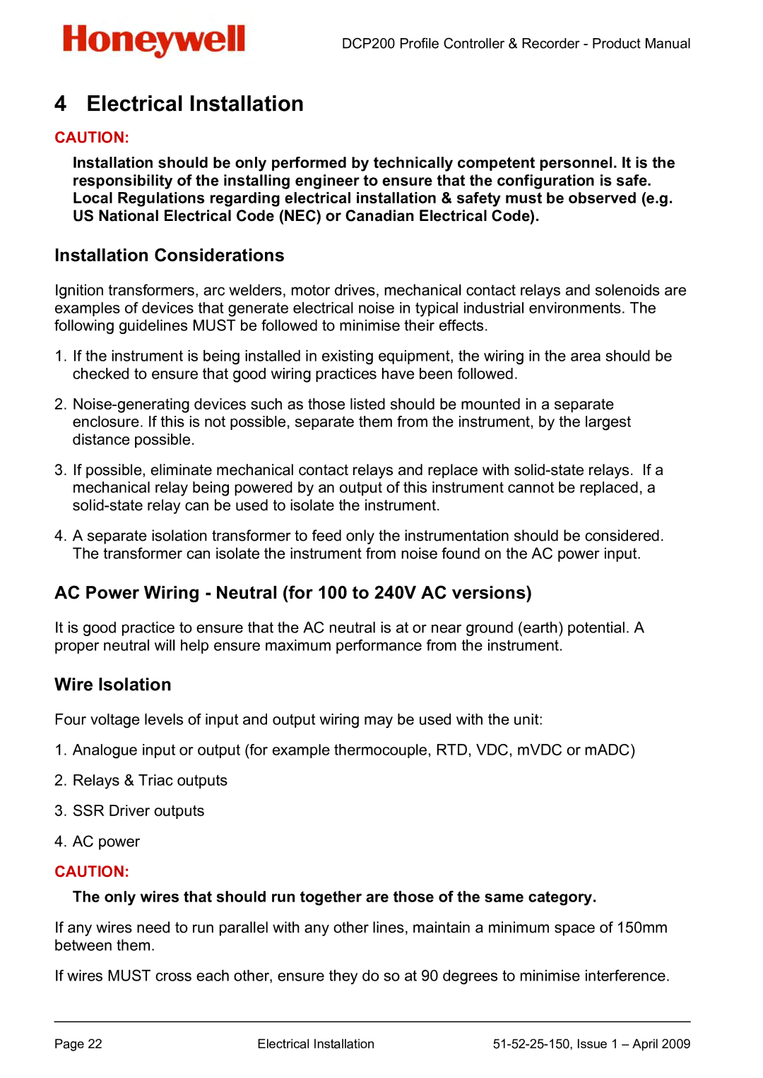 Honeywell DCP200 Electrical Installation, Installation Considerations, AC Power Wiring Neutral for 100 to 240V AC versions 