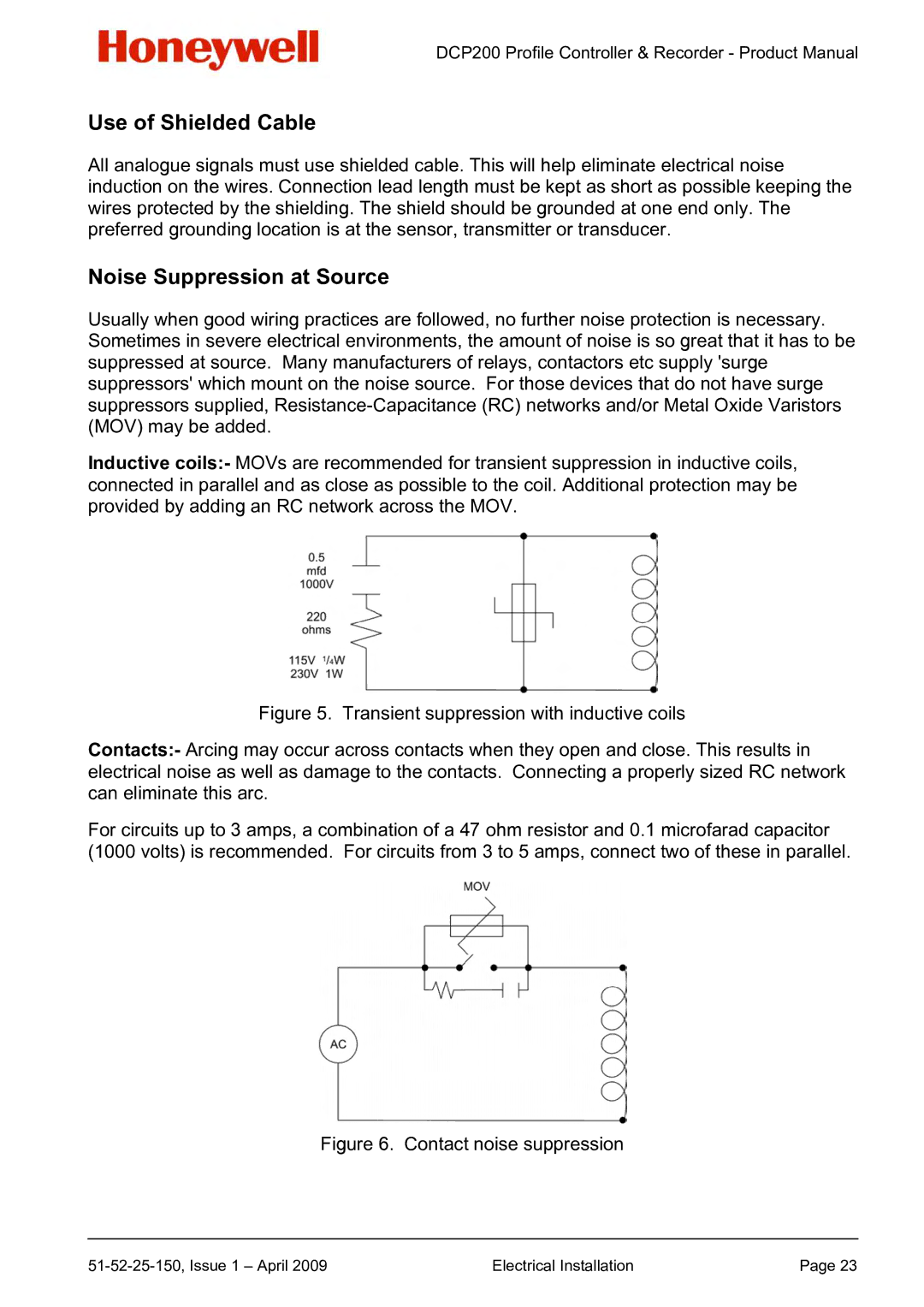 Honeywell DCP200 manual Use of Shielded Cable, Noise Suppression at Source 