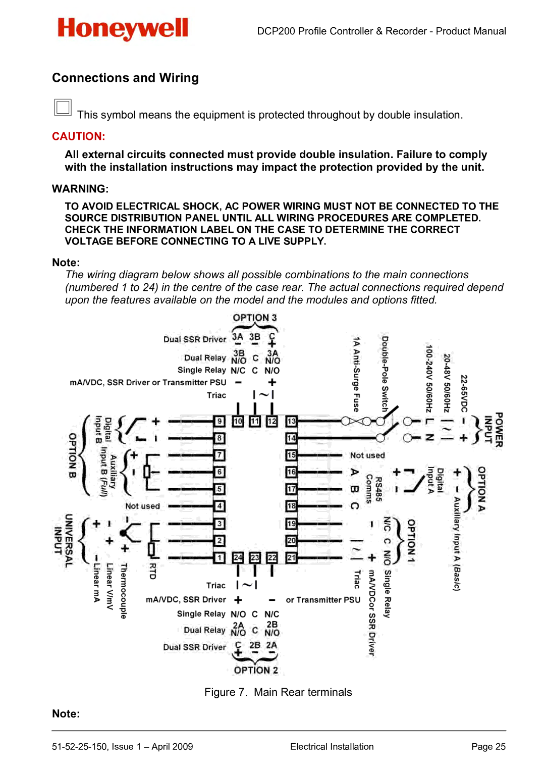 Honeywell DCP200 manual Connections and Wiring, Main Rear terminals 