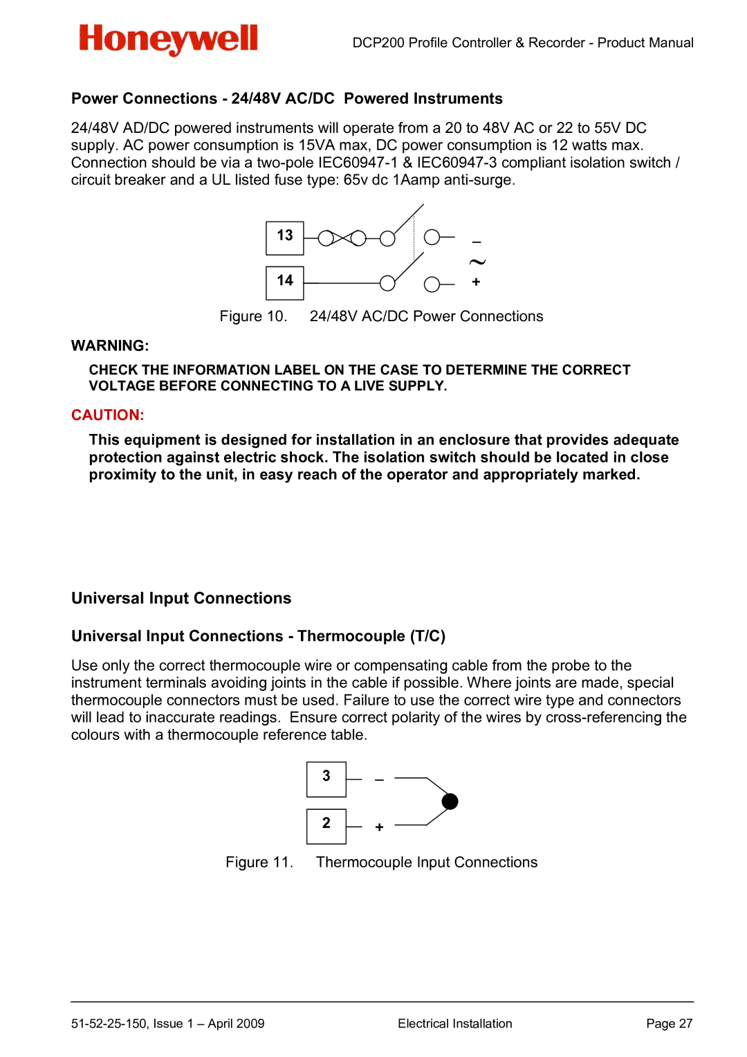 Honeywell DCP200 manual Power Connections 24/48V AC/DC Powered Instruments, Thermocouple Input Connections 