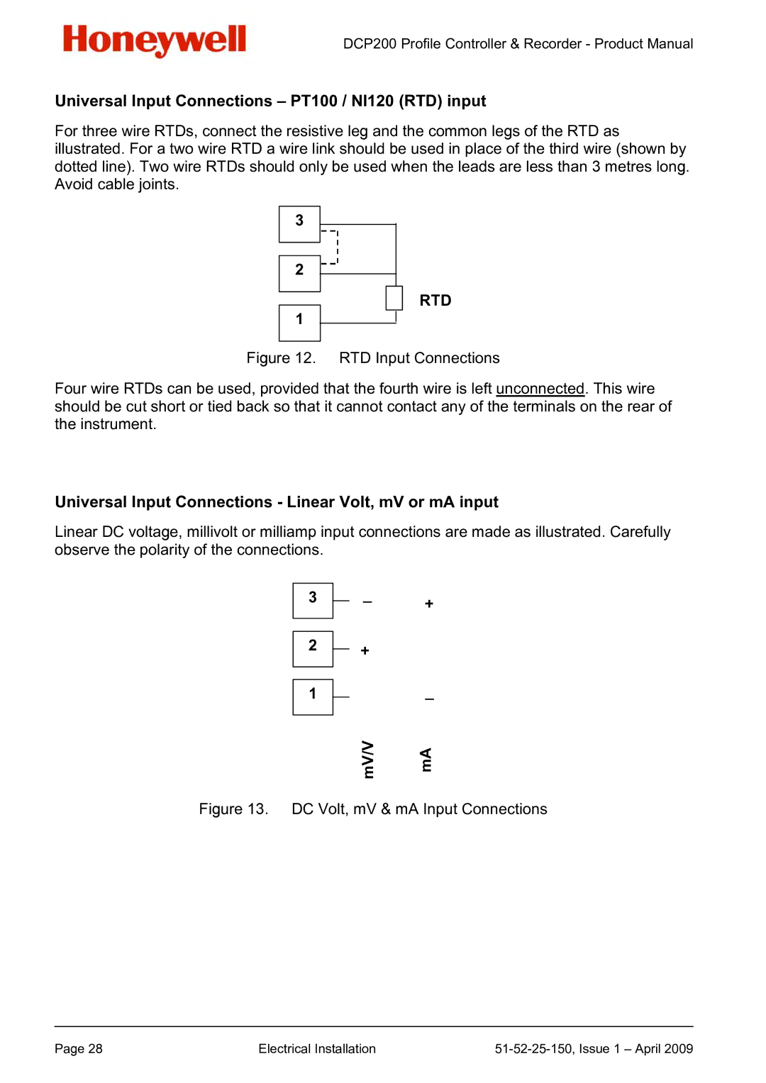 Honeywell DCP200 manual Universal Input Connections PT100 / NI120 RTD input, Mv/V 