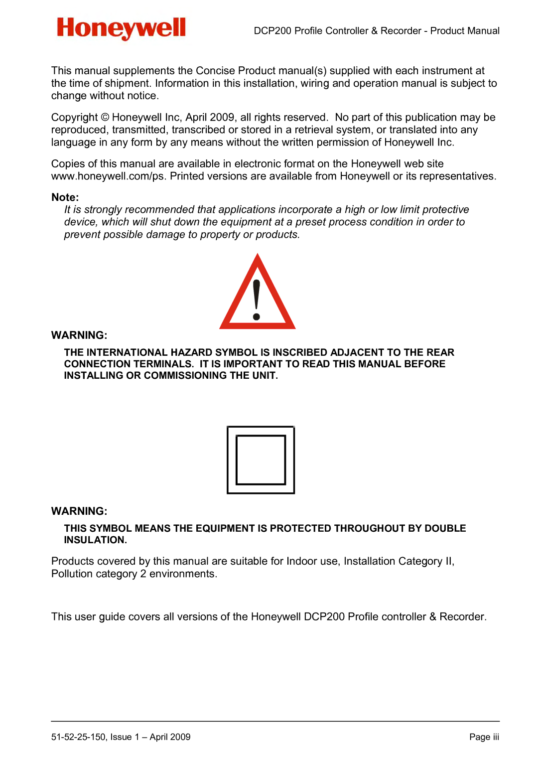 Honeywell DCP200 manual 51-52-25-150, Issue 1 April 