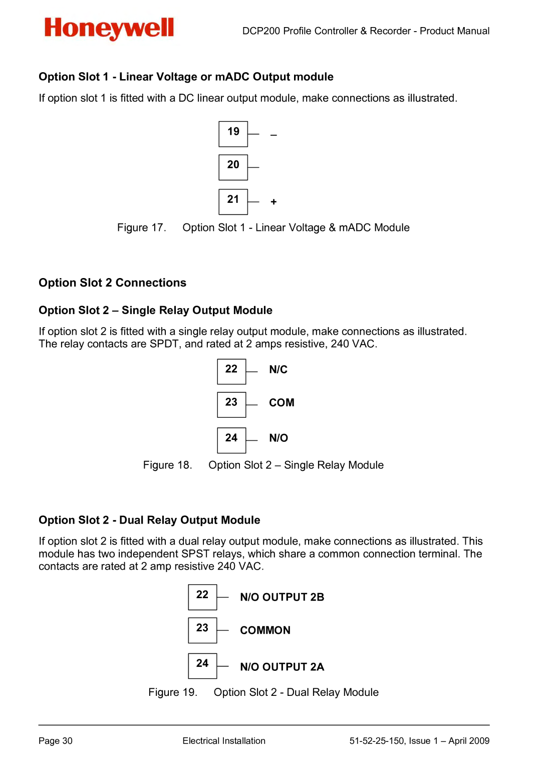 Honeywell DCP200 manual Option Slot 1 Linear Voltage or mADC Output module, Option Slot 2 Dual Relay Output Module 