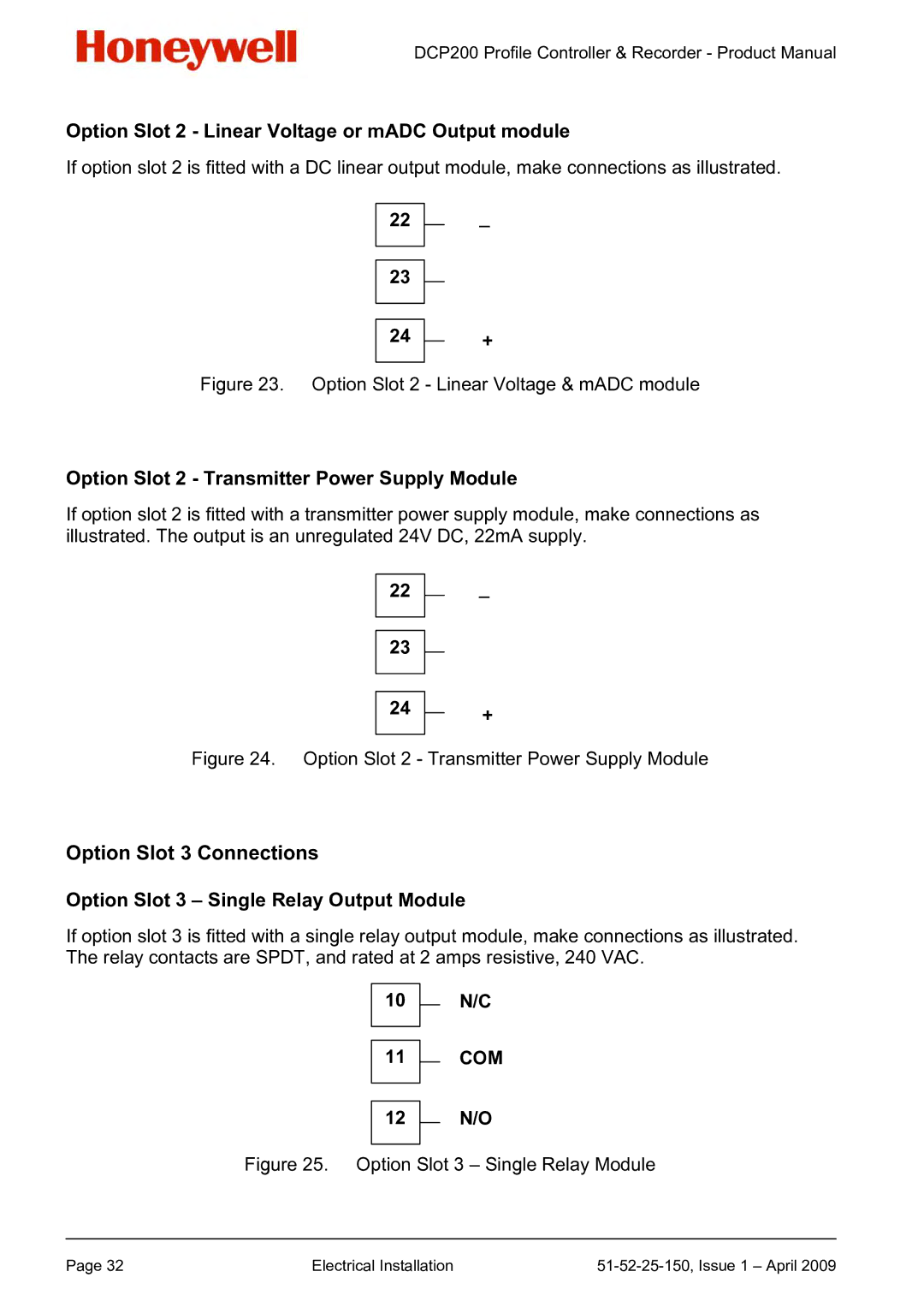 Honeywell DCP200 manual Option Slot 2 Linear Voltage or mADC Output module, Option Slot 2 Transmitter Power Supply Module 