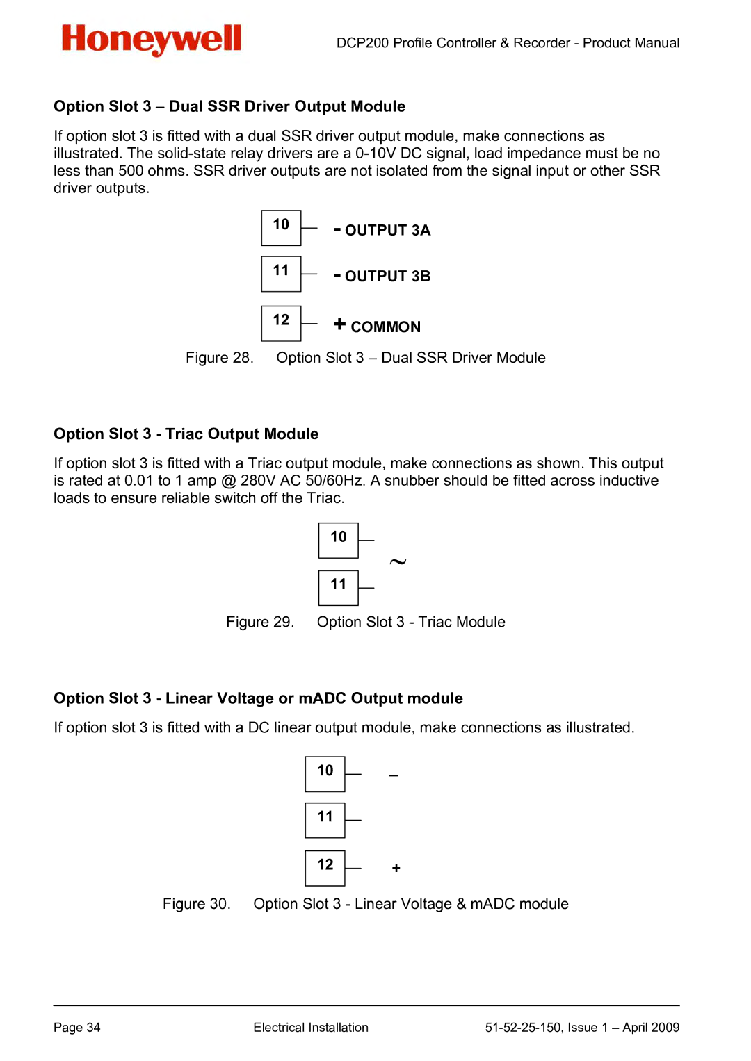 Honeywell DCP200 manual Option Slot 3 Dual SSR Driver Output Module, Option Slot 3 Triac Output Module 