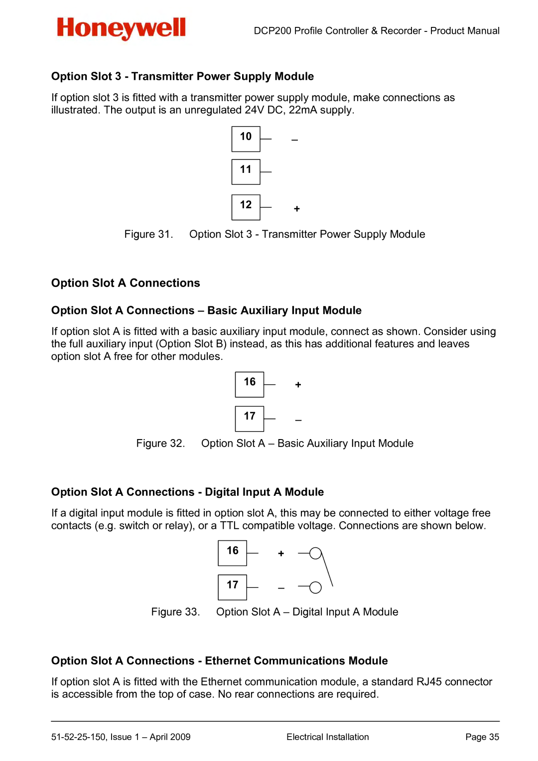 Honeywell DCP200 manual Option Slot 3 Transmitter Power Supply Module, Option Slot a Connections Digital Input a Module 