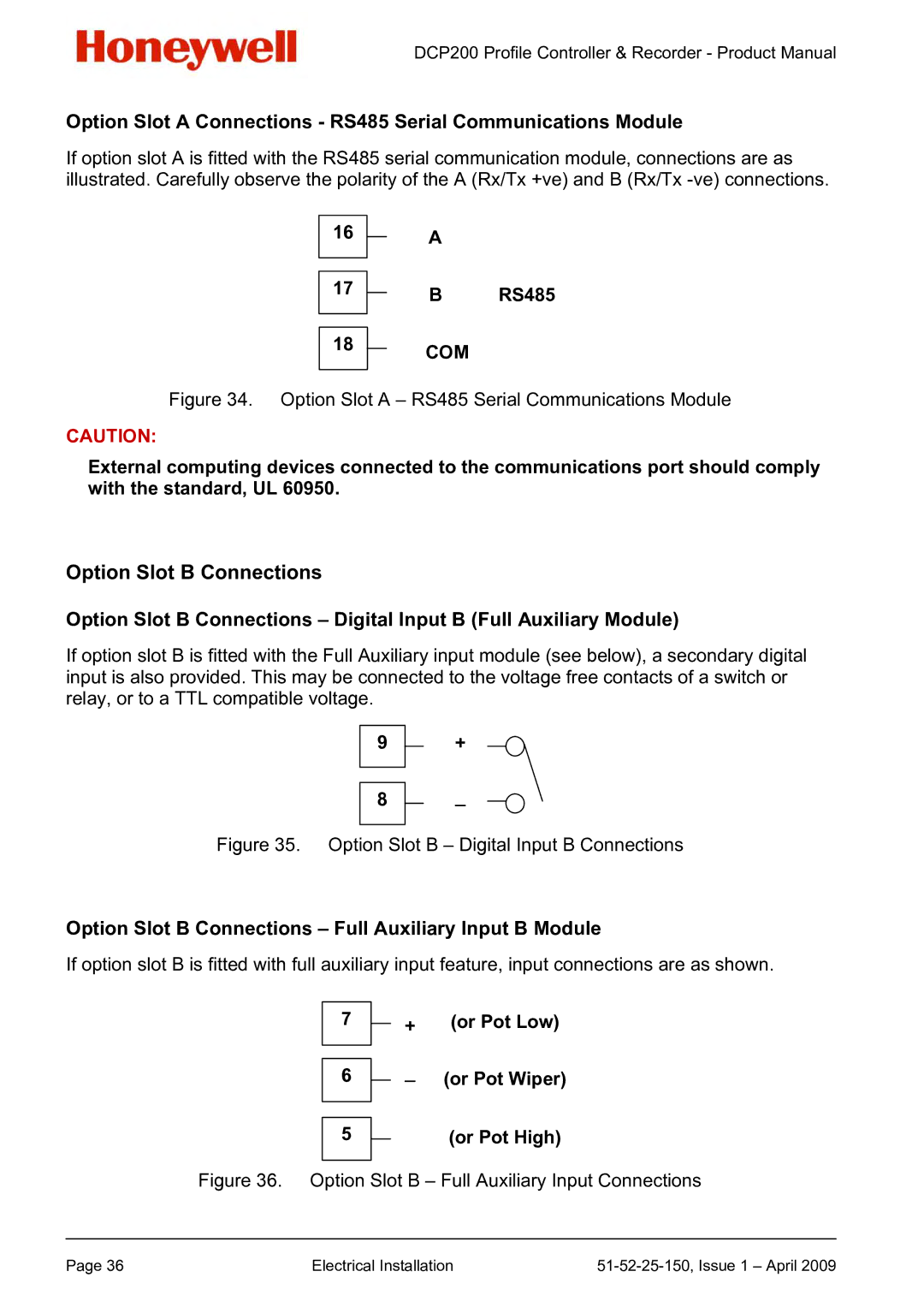 Honeywell DCP200 Option Slot B Connections Full Auxiliary Input B Module, RS485, + or Pot Low Or Pot Wiper Or Pot High 