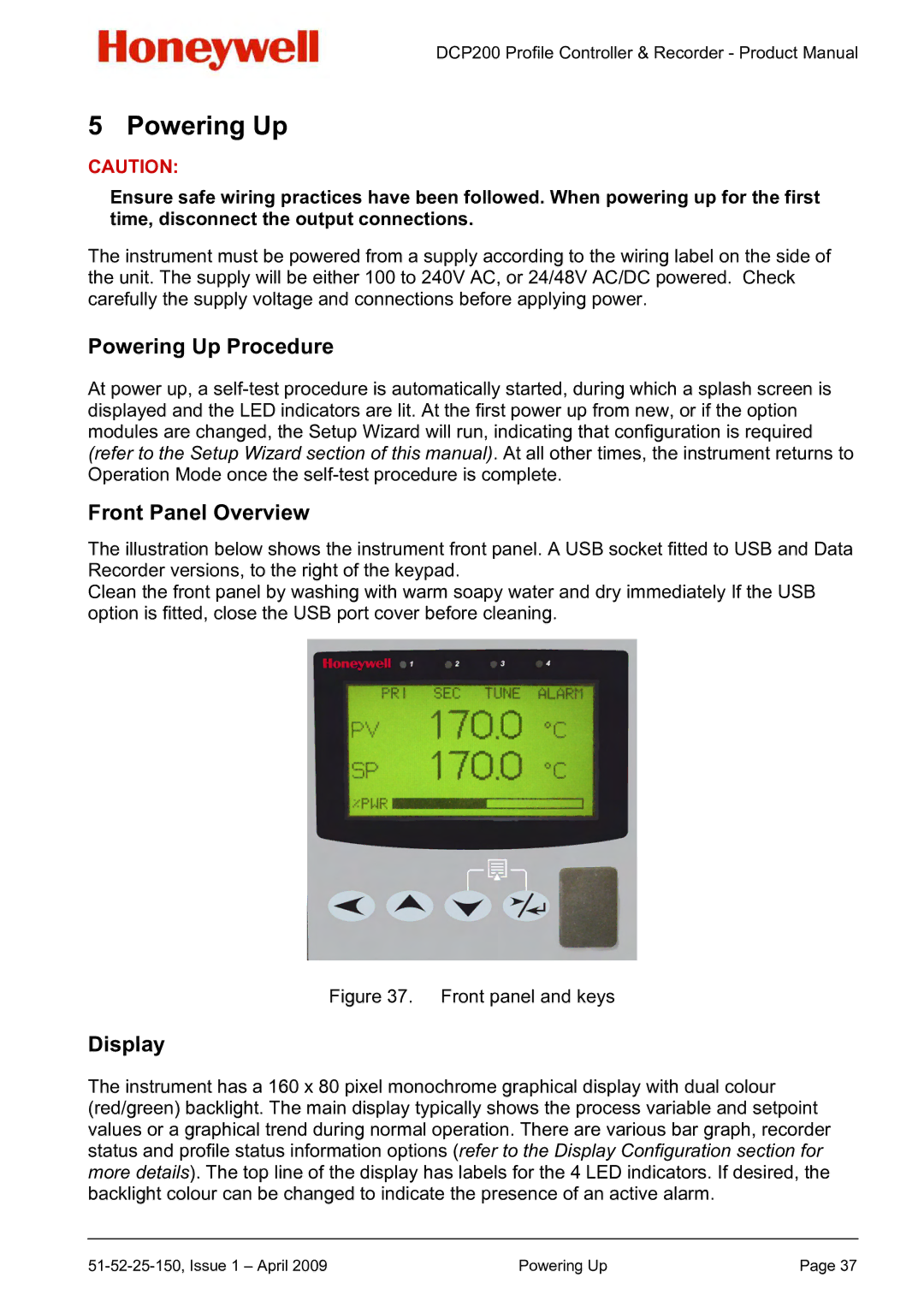 Honeywell DCP200 manual Powering Up Procedure, Front Panel Overview, Display 