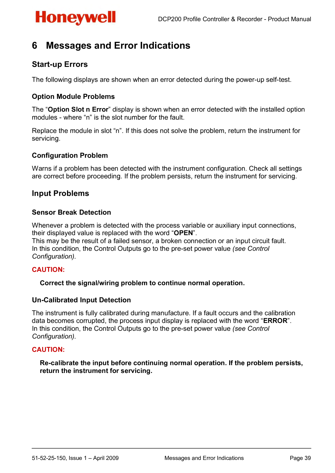 Honeywell DCP200 manual Messages and Error Indications, Start-up Errors, Input Problems 