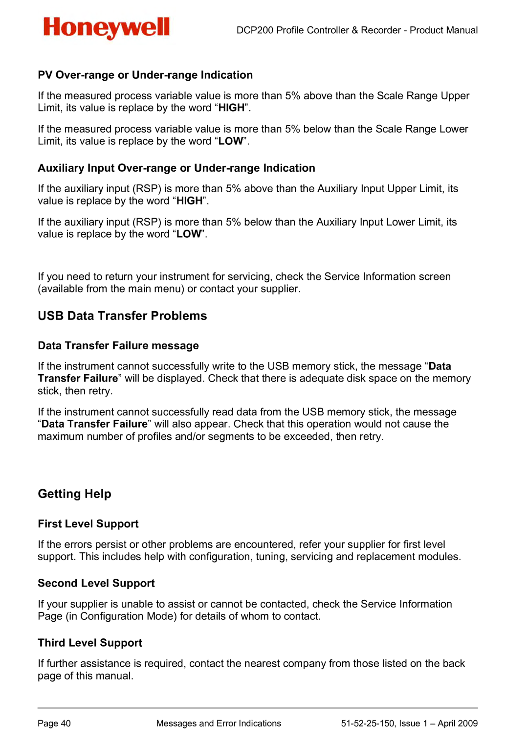 Honeywell DCP200 manual USB Data Transfer Problems, Getting Help 