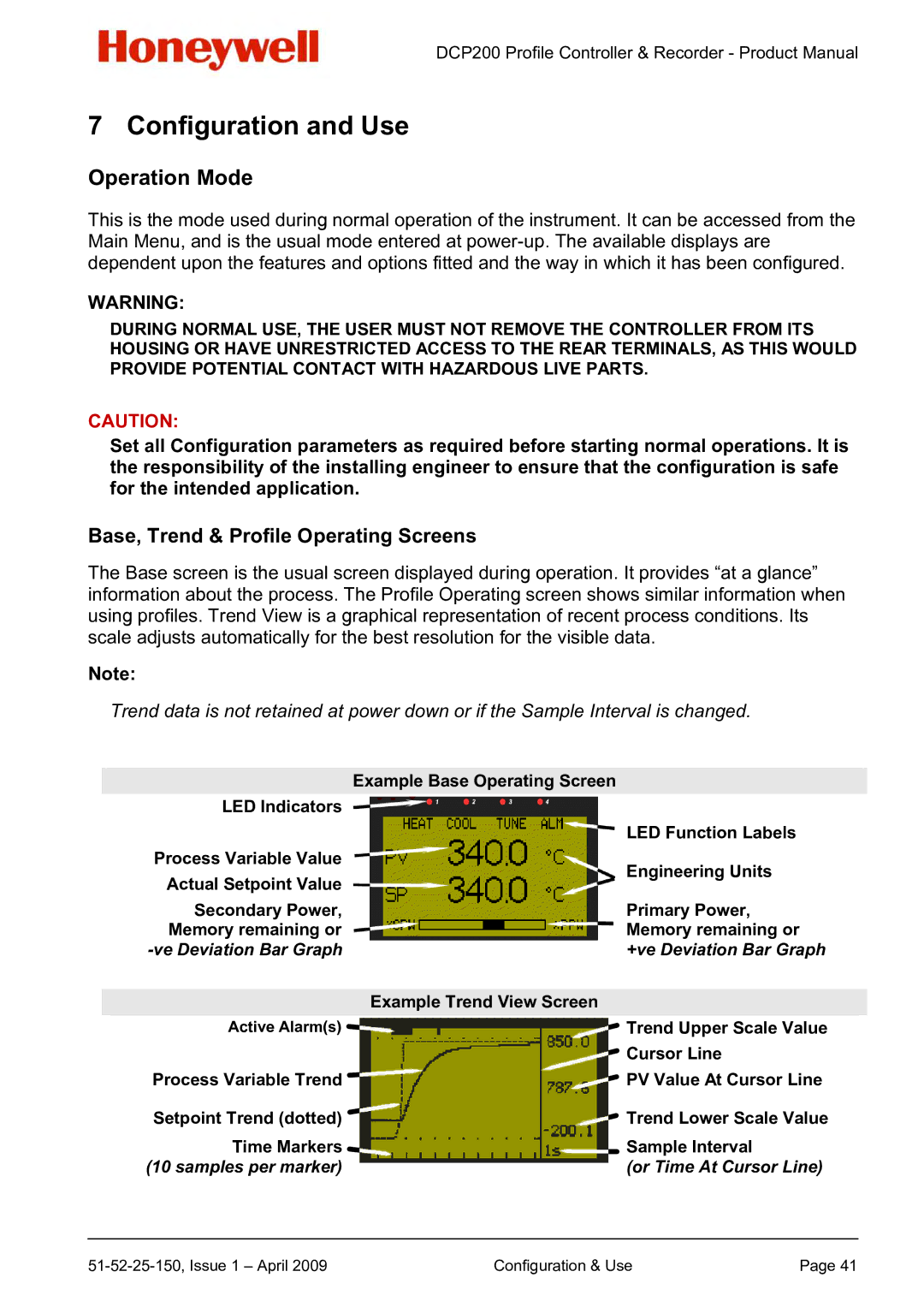 Honeywell DCP200 manual Configuration and Use, Operation Mode, Base, Trend & Profile Operating Screens 