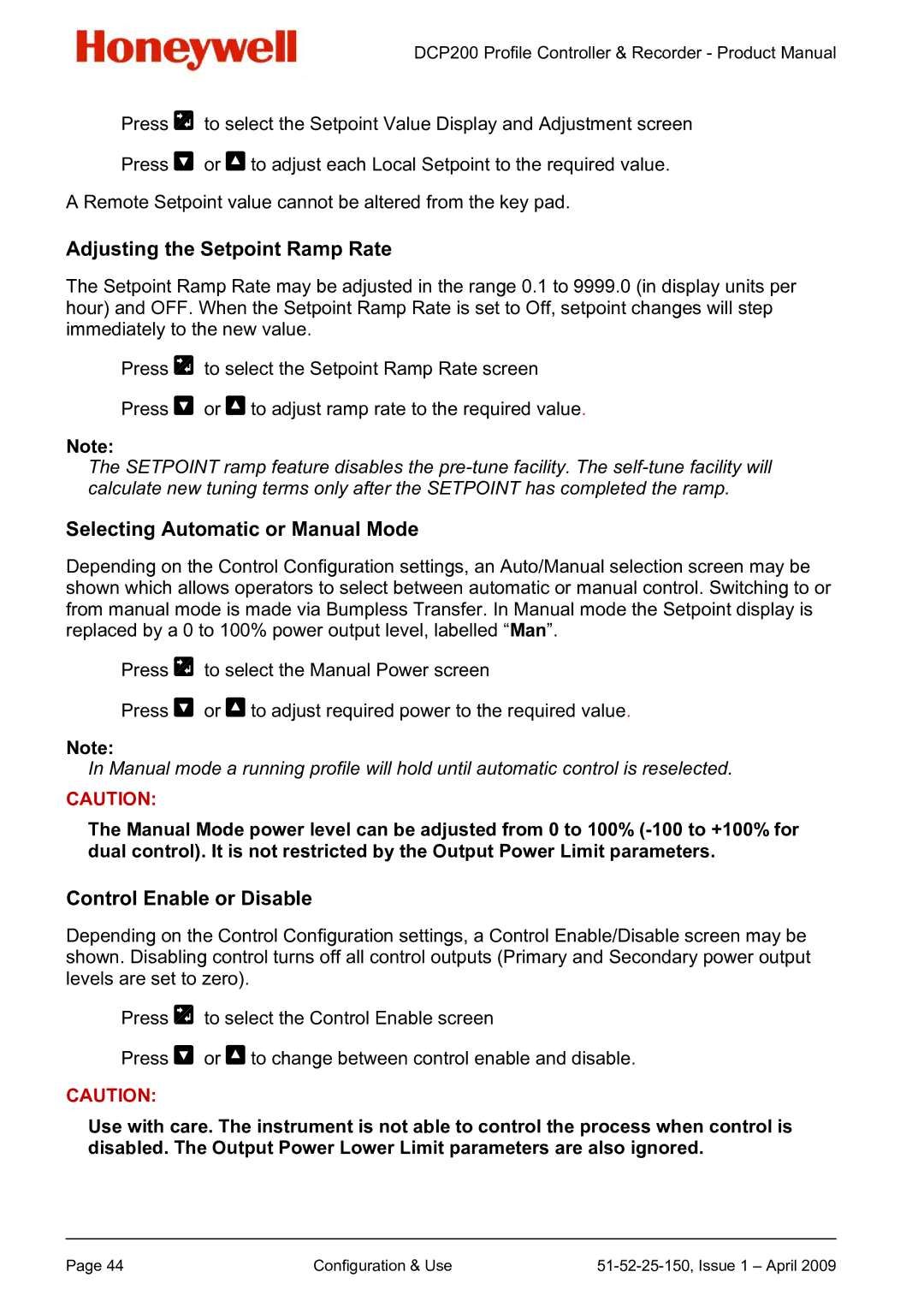 Honeywell DCP200 manual Adjusting the Setpoint Ramp Rate, Selecting Automatic or Manual Mode, Control Enable or Disable 