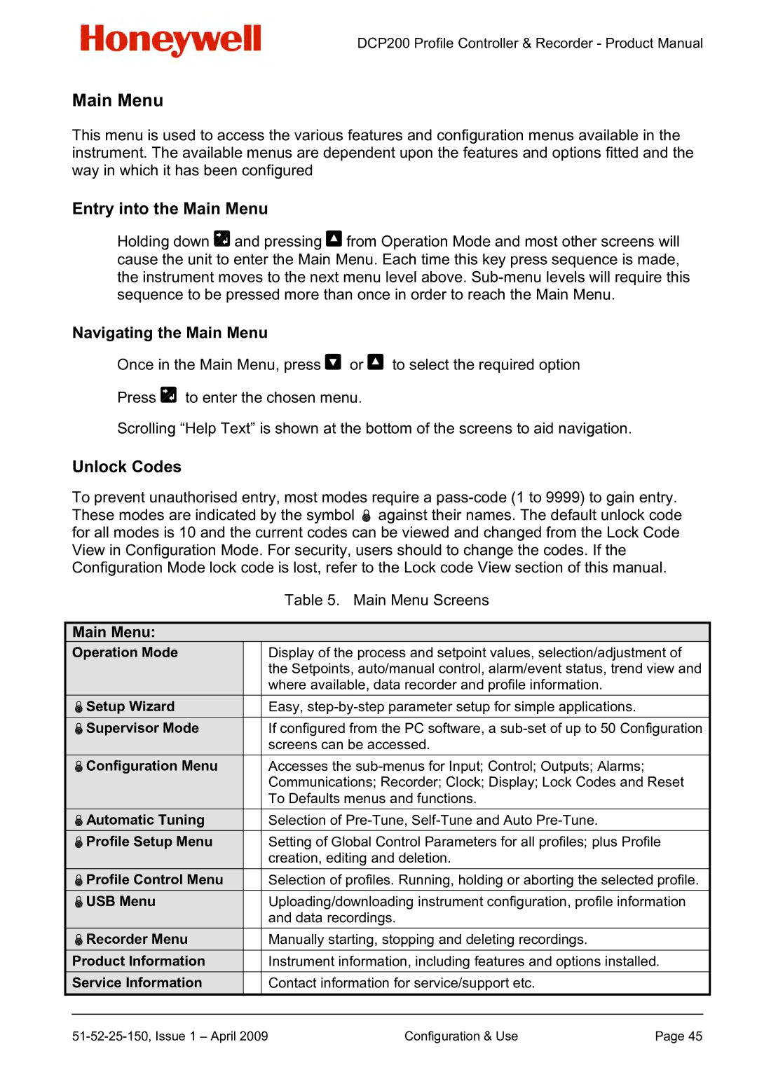 Honeywell DCP200 manual Entry into the Main Menu, Navigating the Main Menu, Unlock Codes 