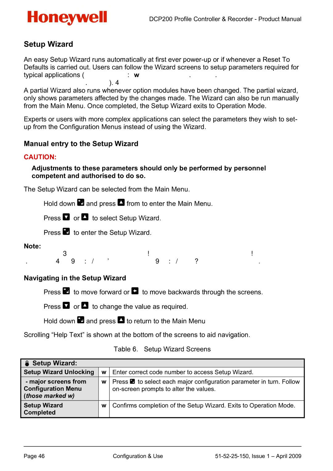 Honeywell DCP200 manual Manual entry to the Setup Wizard, Navigating in the Setup Wizard, Setup Wizard Screens 