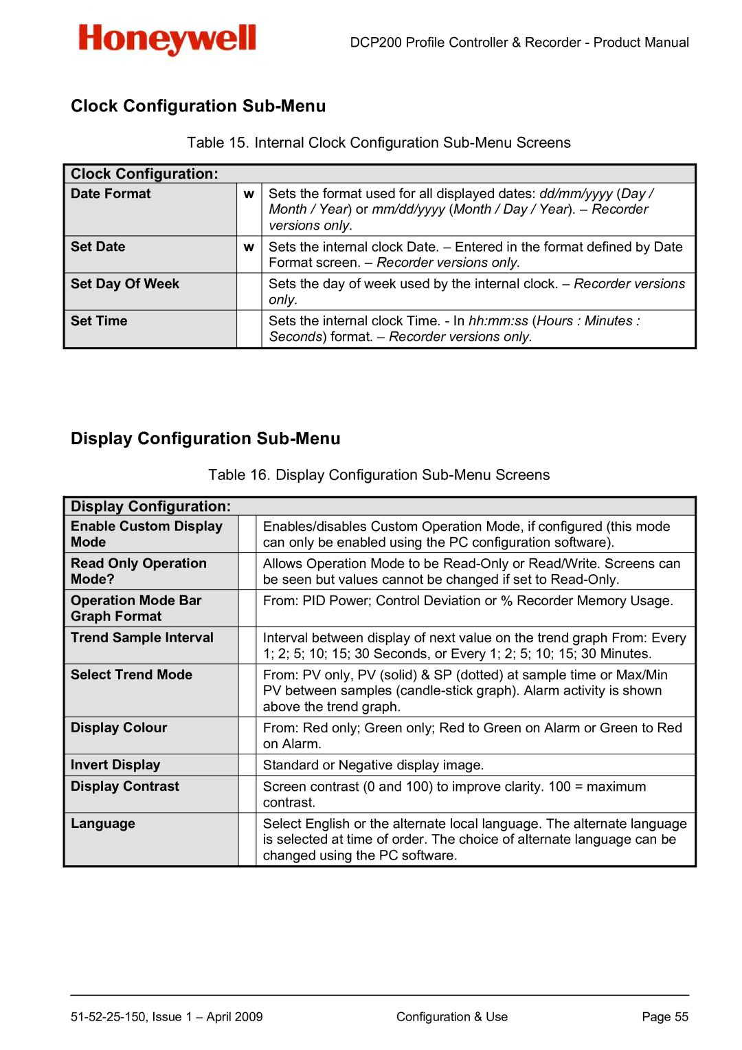 Honeywell DCP200 manual Clock Configuration Sub-Menu, Display Configuration Sub-Menu 