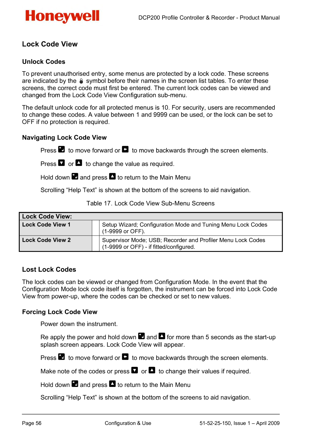 Honeywell DCP200 manual Navigating Lock Code View, Lost Lock Codes, Forcing Lock Code View 