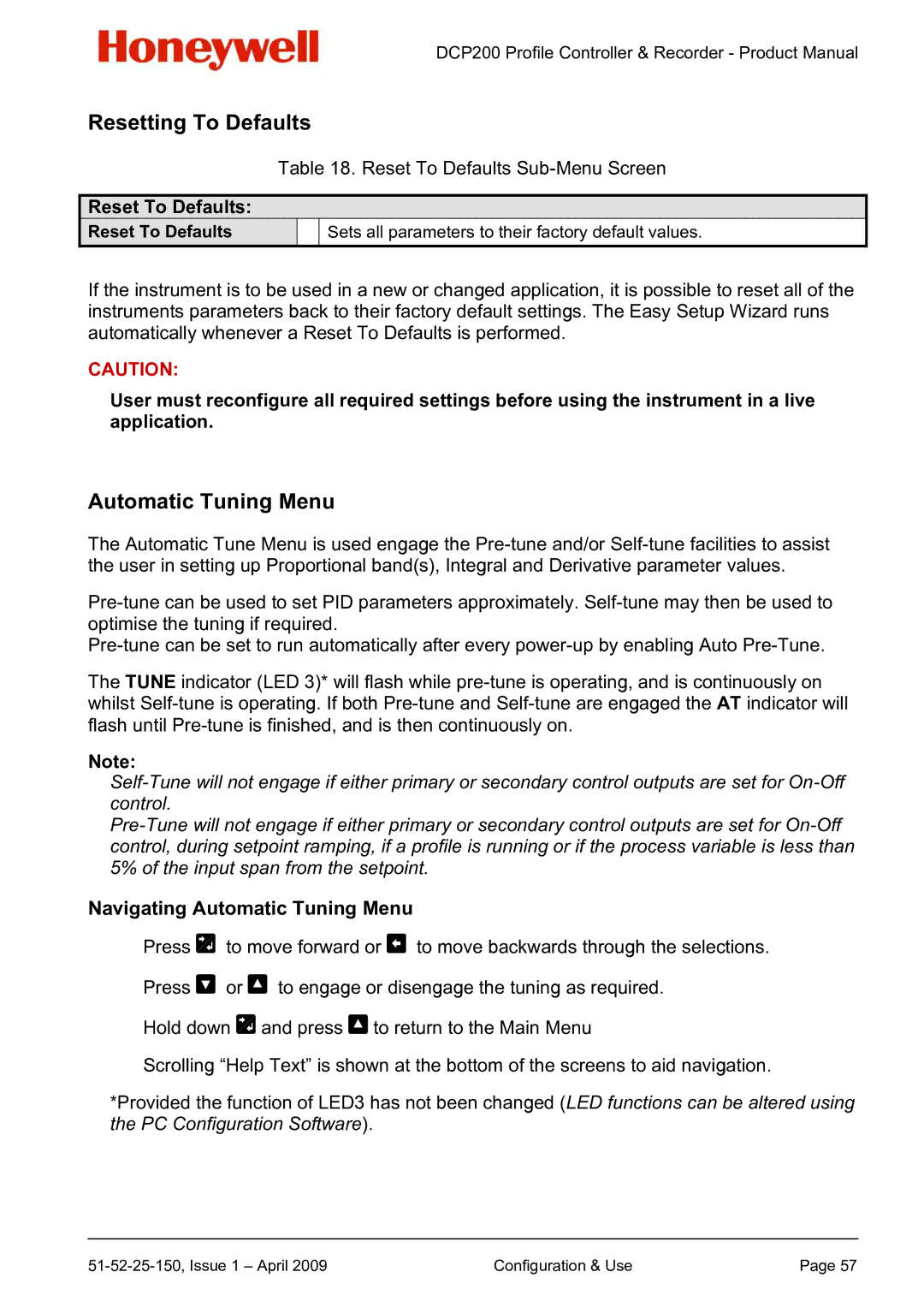 Honeywell DCP200 manual Resetting To Defaults, Navigating Automatic Tuning Menu, Reset To Defaults 