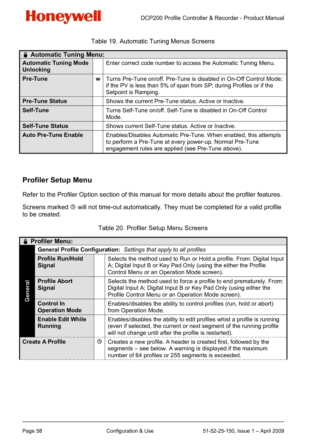 Honeywell DCP200 manual Profiler Setup Menu,  Automatic Tuning Menu,  Profiler Menu 