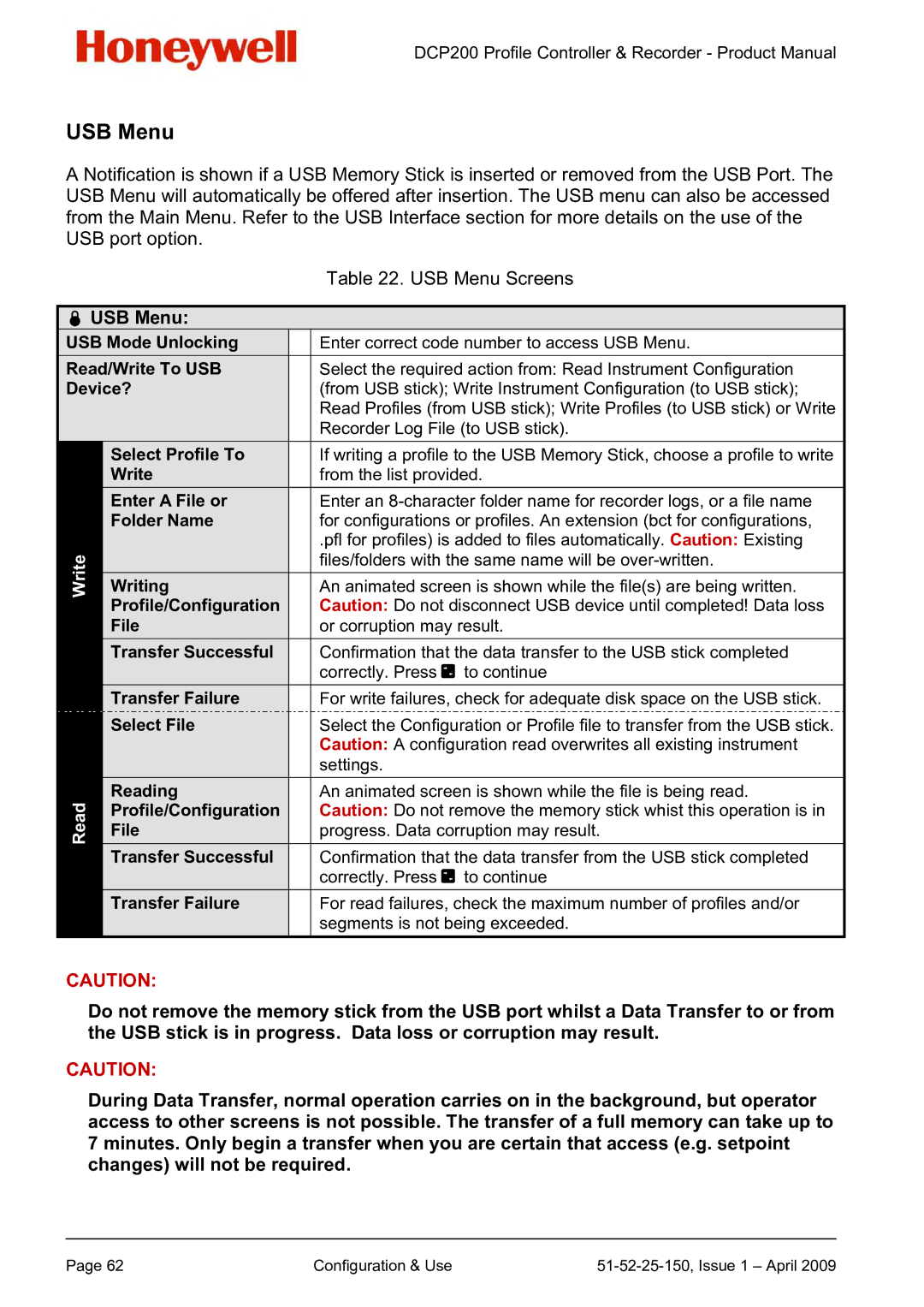 Honeywell DCP200 manual  USB Menu 