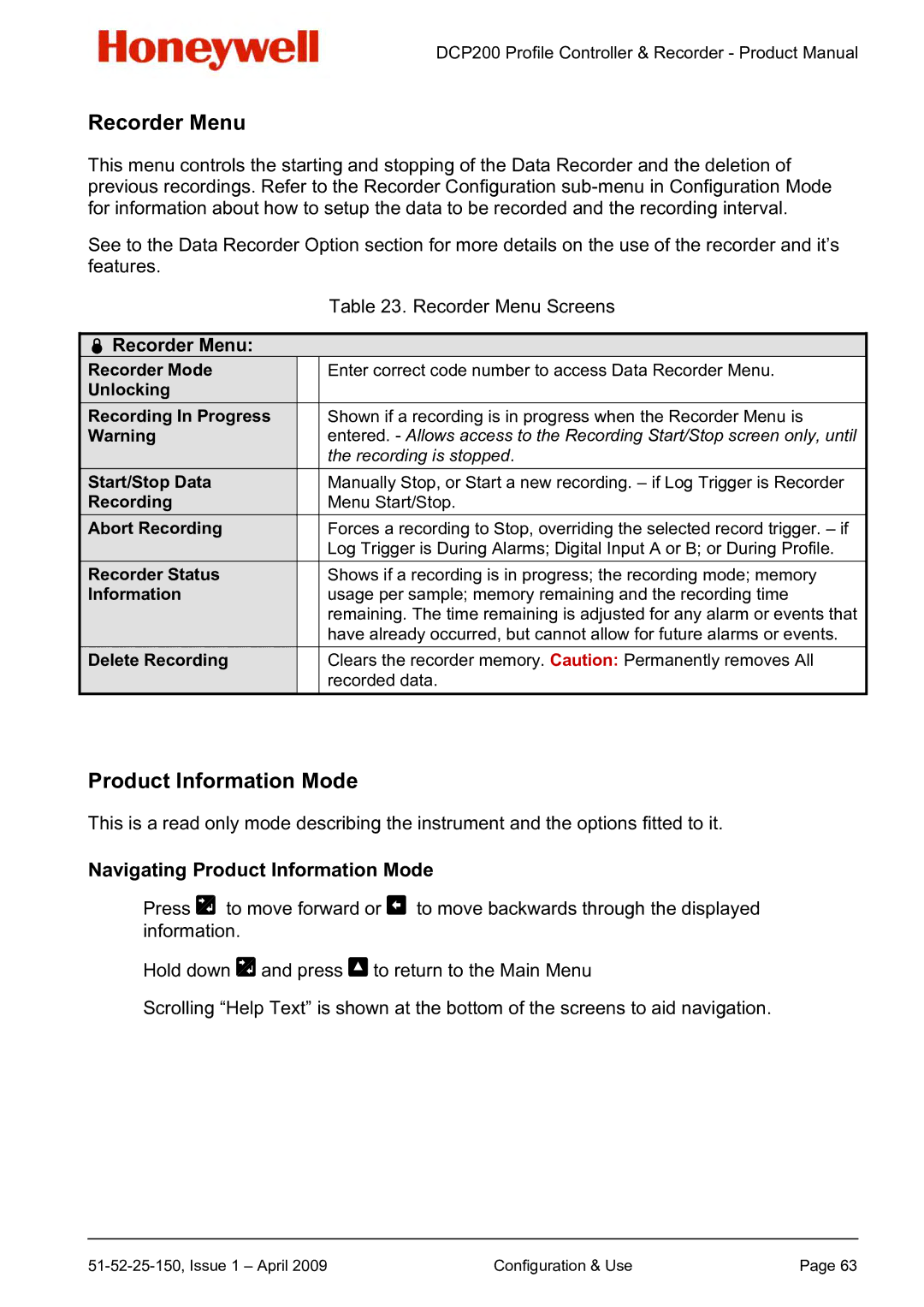 Honeywell DCP200 manual Navigating Product Information Mode,  Recorder Menu 