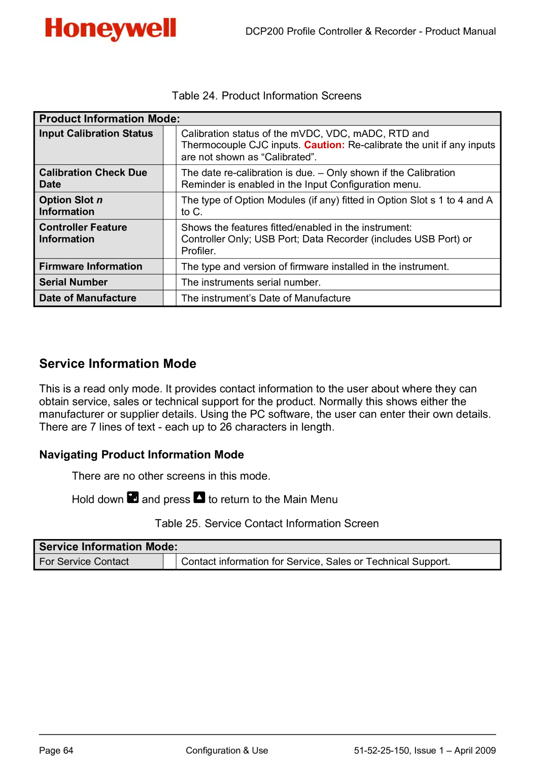 Honeywell DCP200 manual Service Information Mode, Product Information Mode 