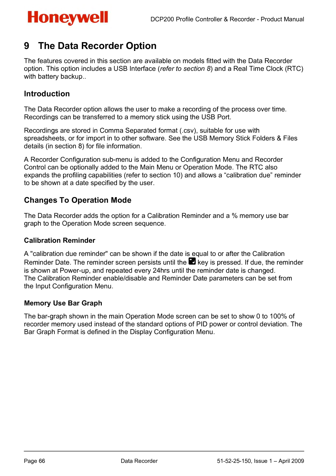 Honeywell DCP200 Data Recorder Option, Introduction, Changes To Operation Mode, Calibration Reminder, Memory Use Bar Graph 