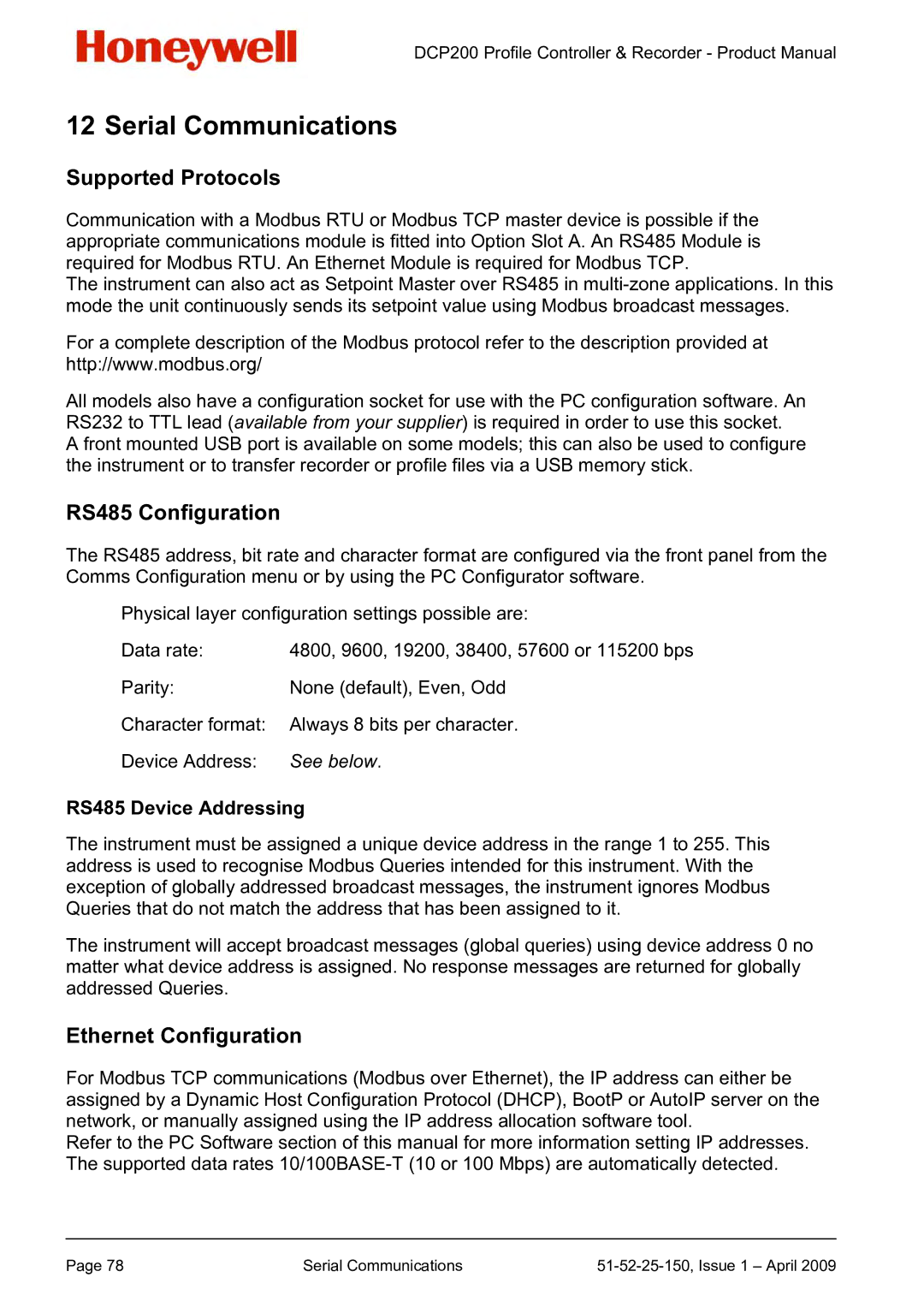 Honeywell DCP200 manual Serial Communications, Supported Protocols, RS485 Configuration, Ethernet Configuration 