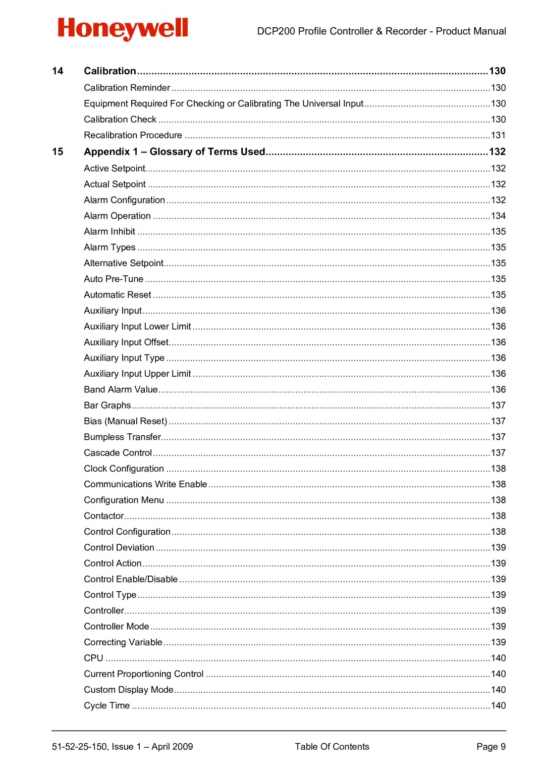 Honeywell DCP200 manual Calibration 130, Appendix 1 Glossary of Terms Used 132 