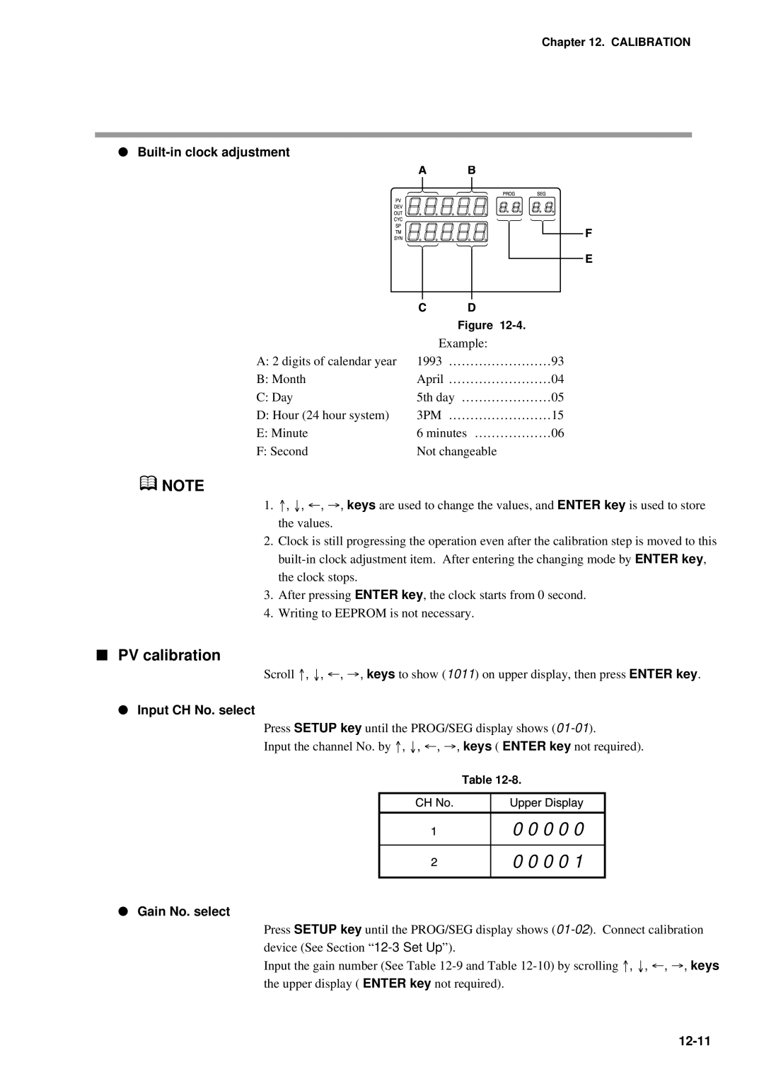 Honeywell DCP552 Mark II user manual PV calibration, Built-in clock adjustment, Input CH No. select, Gain No. select, 12-11 