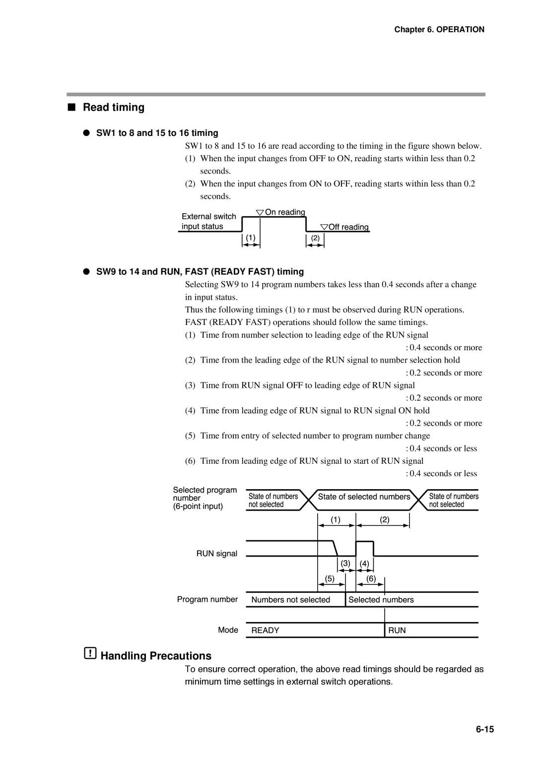 Honeywell DCP552 Mark II user manual Read timing, SW1 to 8 and 15 to 16 timing, SW9 to 14 and RUN, Fast Ready Fast timing 