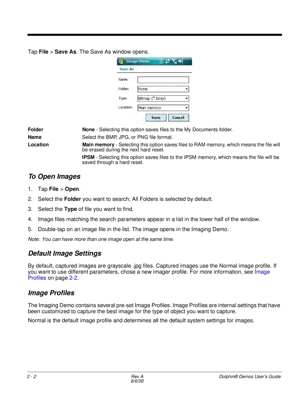 Honeywell Demos manual To Open Images, Default Image Settings, Image Profiles, Tap File Open 