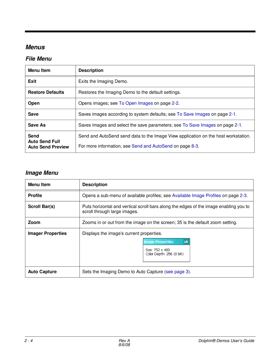 Honeywell Demos manual Menus, File Menu, Image Menu 