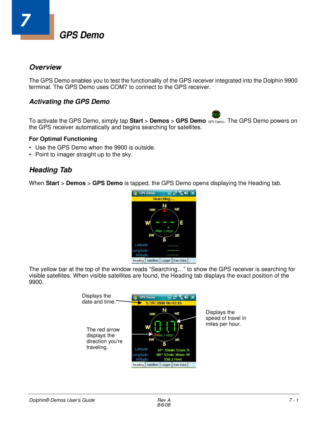 Honeywell Demos manual Heading Tab, Activating the GPS Demo, For Optimal Functioning 