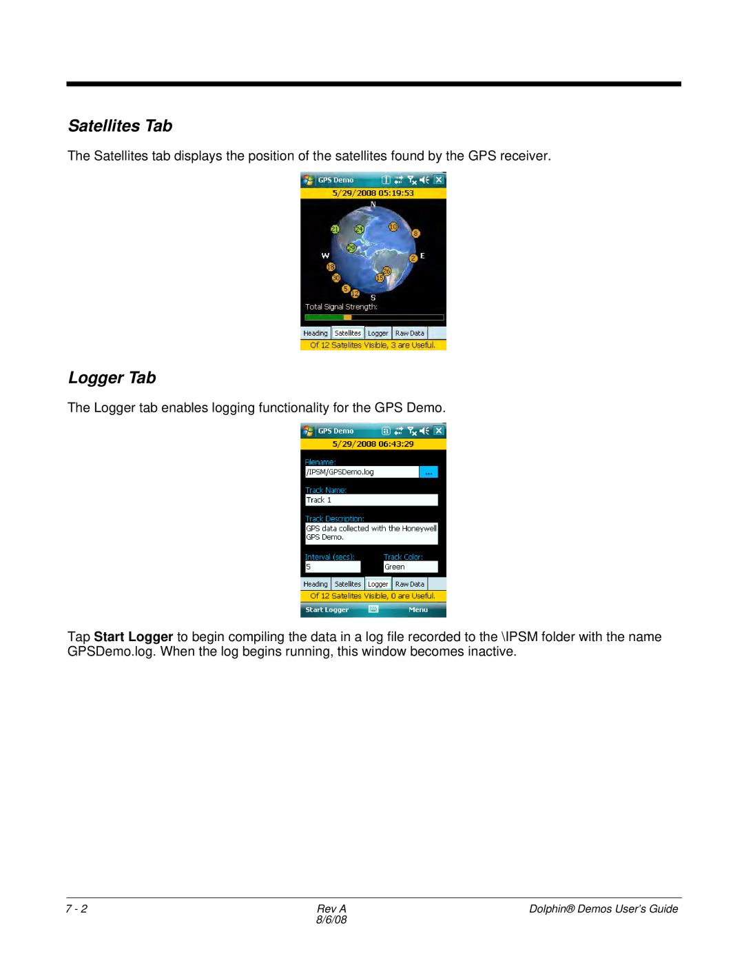 Honeywell Demos manual Satellites Tab, Logger Tab 