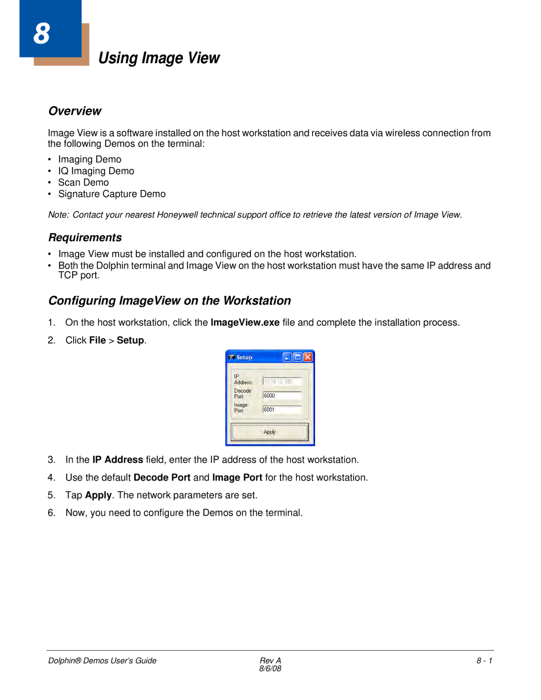 Honeywell Demos manual Using Image View, Configuring ImageView on the Workstation, Click File Setup 